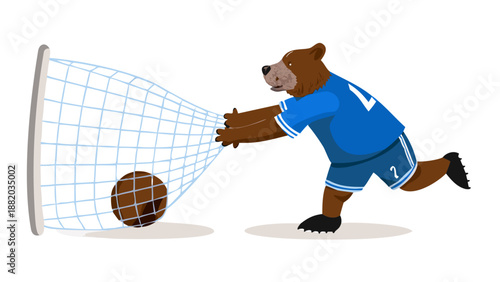 A brown bear in a blue soccer jersey kicking a black and white ball into a net.