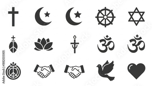 Religious symbols and peace icons on white background