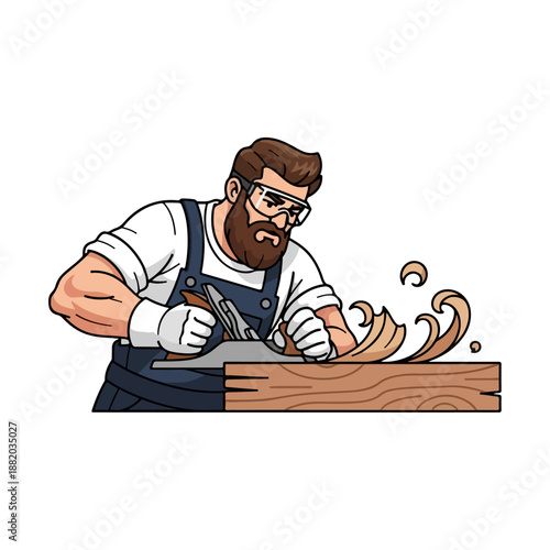 Bearded Carpenter Expertly Planes Wood with Precision Tool.