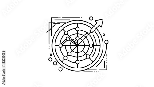 A detailed line illustration of a target and analytics system combining data points, charts, and directional elements around a central focus. The artwork represents goal tracking, performance measurem