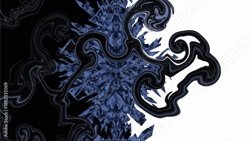 Intricate blue floral pattern on black background transitions to white space