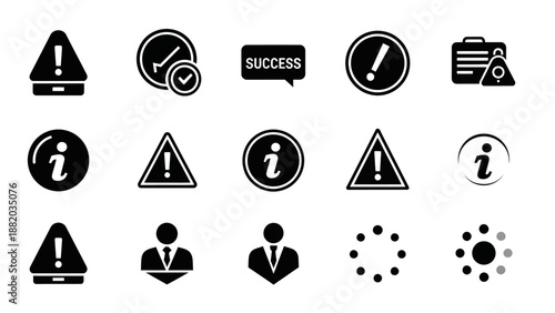 A bold monochrome icon set focused on warning, alert, and information symbols including exclamation marks, notification signs, user alerts, and status indicators. Designed for clarity and immediate re