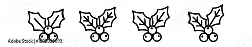 Simple black-and-white holly leaf and berry icons, ideal for festive and seasonal design themes.