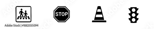 Black-and-white traffic icons showing pedestrian, stop sign, cone, and signal for road safety visuals.