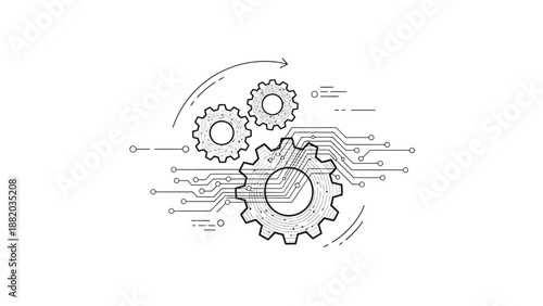A detailed line illustration representing artificial intelligence and automation concepts through interconnected gears, circuits, and digital elements. The design symbolizes machine learning, smart sy