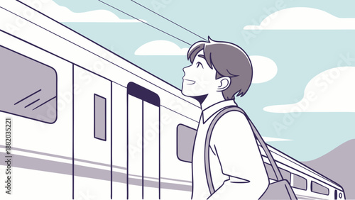 Young man waiting to board a train on a cloudy day.