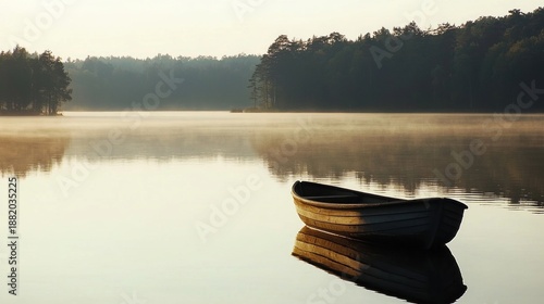 A serene lakeside scene with a lone boat drifting slowly on calm water evoking the feeling of idleness