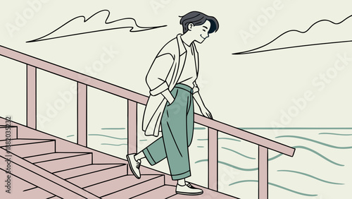 Man walking down wooden stairs to the sea.