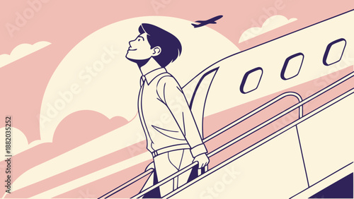 Man standing on airplane stairs with another plane flying in the background.