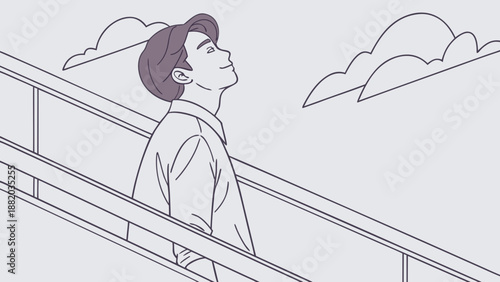 Young man standing on a bridge with eyes closed, enjoying the serene atmosphere.