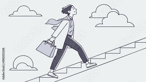 Businesswoman walking up stairs with briefcase and scarf.