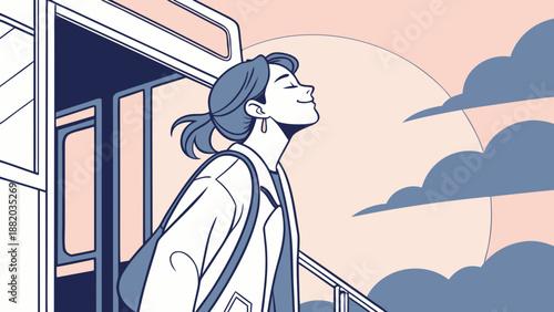 Young woman standing on train platform looking up at the sky.