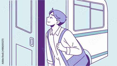 Young man with backpack entering train or bus.