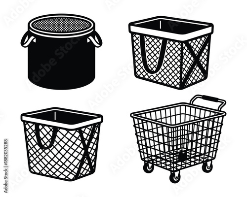 Monochrome vector illustration featuring baskets, wastebasket, and shopping cart designs.