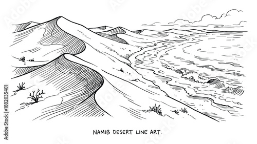 Namib desert line drawing of sand dunes next to the ocean with waves and cloudy sky in black and white