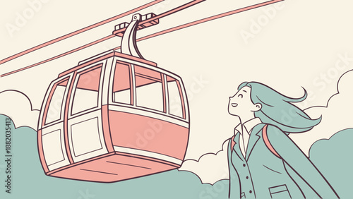 Woman looking up at a gondola lift in the sky.