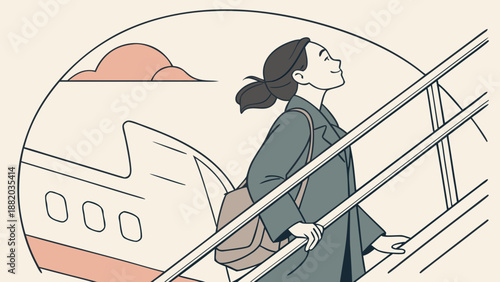 Woman walking down stairs from an airplane with a bag.