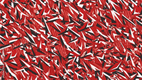 Vibrant red seta pattern with abstract shapes and dynamic illustrations viewed from a close-up perspective