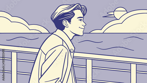 A young man standing on a ship's deck, gazing out at the ocean.