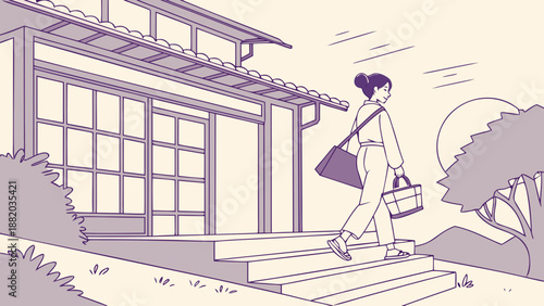 A person walking up the steps of a modern house carrying bags.
