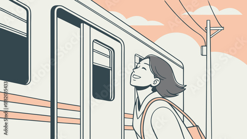 Young woman waiting to board a train at a railway station.