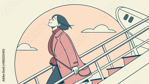 Woman walking down airplane stairs outdoors.