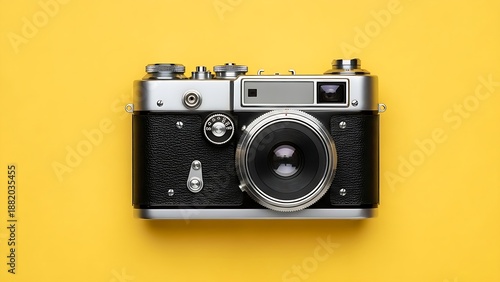 Stylish vintage photography equipment with a glass lens and mechanical dials against a bold yellow pop-art background.