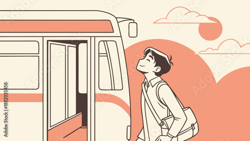 Young man with backpack standing beside a bus, looking up at the sky.