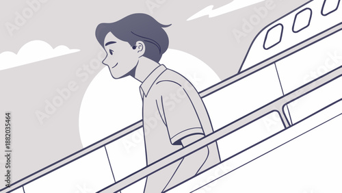 Young man walking down the stairs of an airplane.