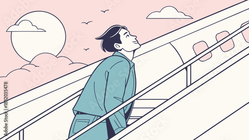 Man ascending stairs to board an airplane at sunrise.