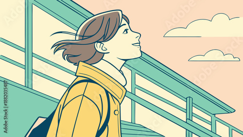 Young woman in yellow jacket standing on stairs looking up.