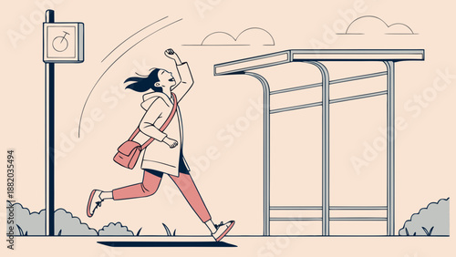 Woman running to catch the bus at a bus stop.