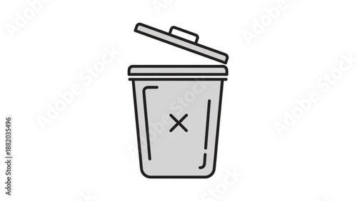 Recycling trash can with lid open and x symbol on front indicating hazardous waste or recycling bin for eco friendly and environmental concepts
