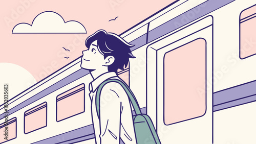 Young man standing beside a train looking up at the sky.