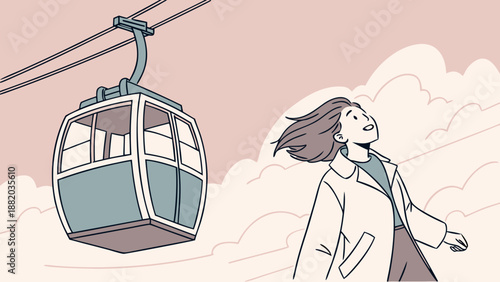 Woman in white coat floating near a cable car.