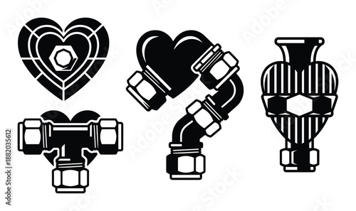 Plumbing icons featuring heart shape, pipes, connectors, black and white, vector illustration