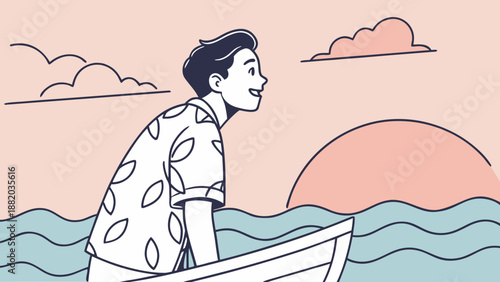 Man sailing alone in a boat on calm waters during sunset.