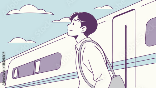 Young man standing beside a train looking away.
