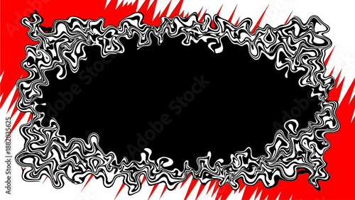 A black void surrounded by abstract silver frame with red splashes on white background illustration
