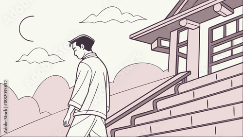 Man walking up stairs to a traditional building under a crescent moon.