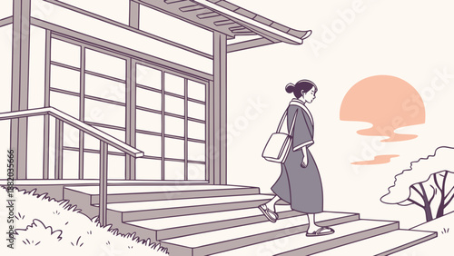 Woman walking up the stairs to a traditional Japanese house at sunset.