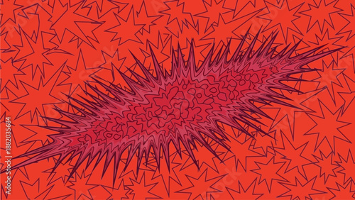 A vibrant red seta seed head surrounded by numerous abstract black floral patterns on a bright red background, viewed from directly above.