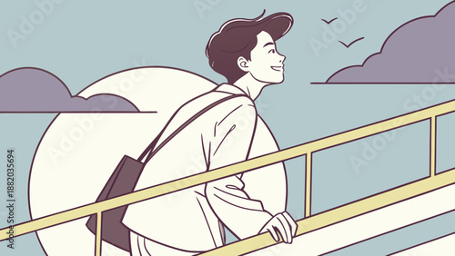 Young man standing on a ship deck looking out to sea.