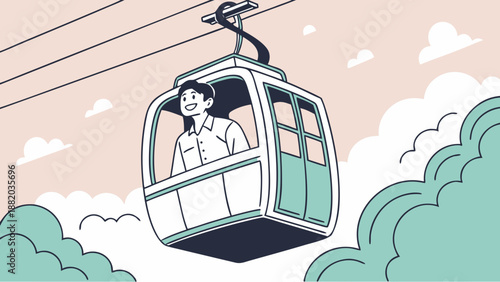Man Riding in a Cable Car with Cloudy Sky Background.