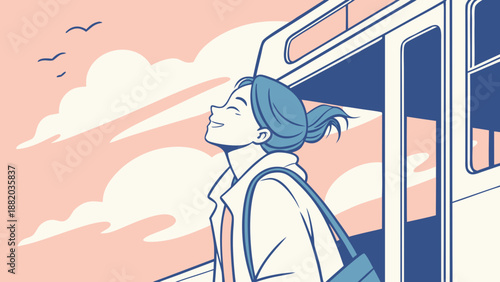 Young woman standing in train doorway looking out at the sky.