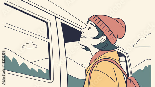 Young traveler gazing out of train window at scenic mountains.