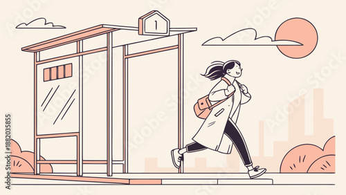 Woman walking past a bus stop on a city street.