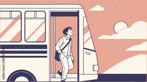 Young student exiting a bus on a sunny day.