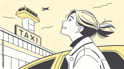 Woman waiting for taxi outside airport terminal building.