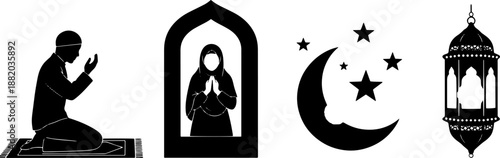 Islamic Silhouettes of Prayer and Symbols.